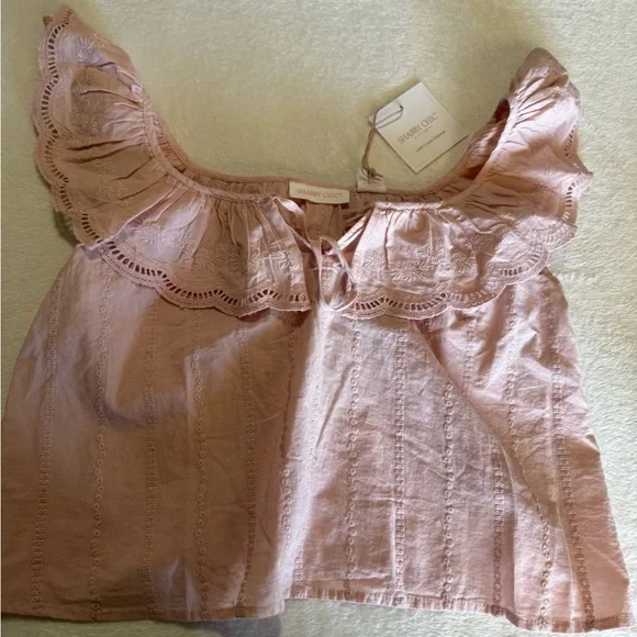 BEAUTIFUL off Shoulder Eyelet Ruffle Pajama Set SHABBY CHIC M boho 100% Cotton